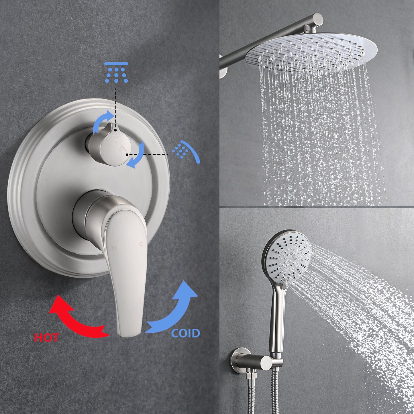 Brushed Nickle 10 Inches Shower with High Pressure Rain Shower Head and 5-Function Handheld Shower Head