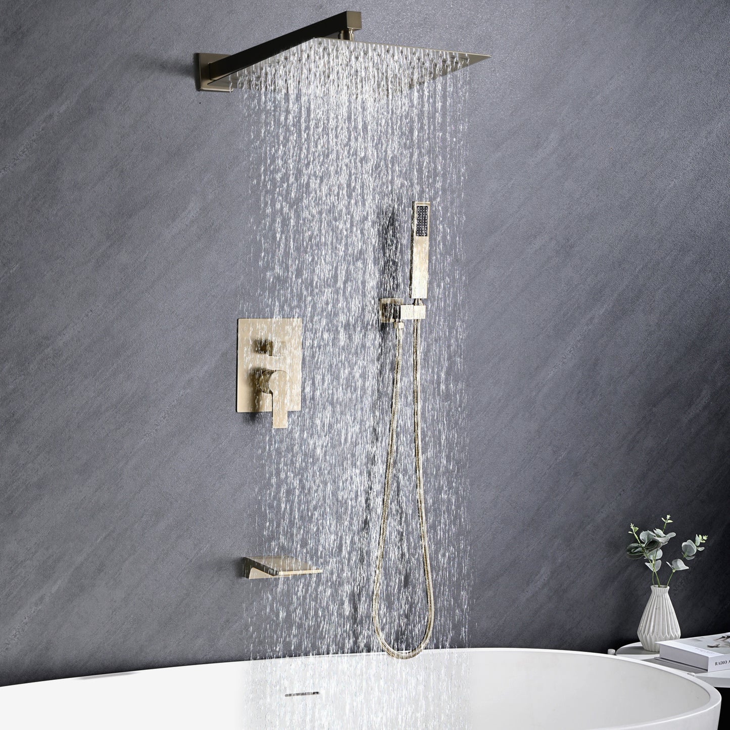 10 Inches Wall Mounted Rainfall Shower Head System Shower Faucet Brushed Gold