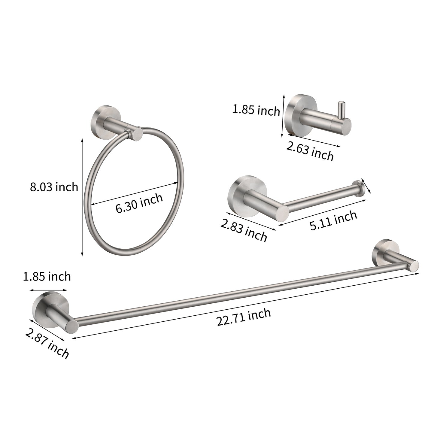 Brushed Nickel Bathroom Hardware Set 4 Pieces; Towel Bar Set Stainless Steel Wall Mounted;  Includes 16In Hand Towel Bar;  Towel Ring;  Robe Towel Hooks; Toilet Paper Holder;  Bathroom Towel Rack Set