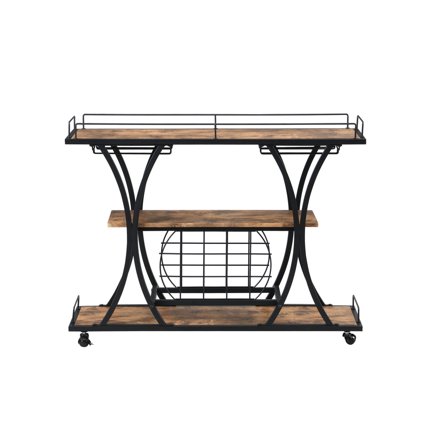 Industrial Black Bar Serving Cart for home with Wine Rack and Glass Holder;  3-tier Shelves;  Metal Frame