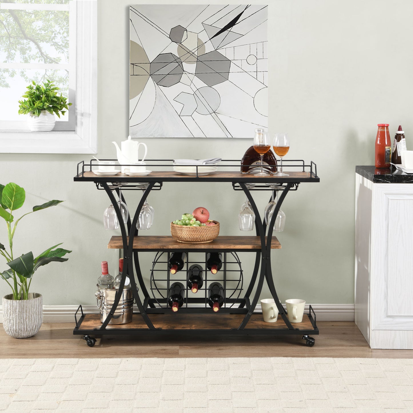 Industrial Black Bar Serving Cart for home with Wine Rack and Glass Holder;  3-tier Shelves;  Metal Frame