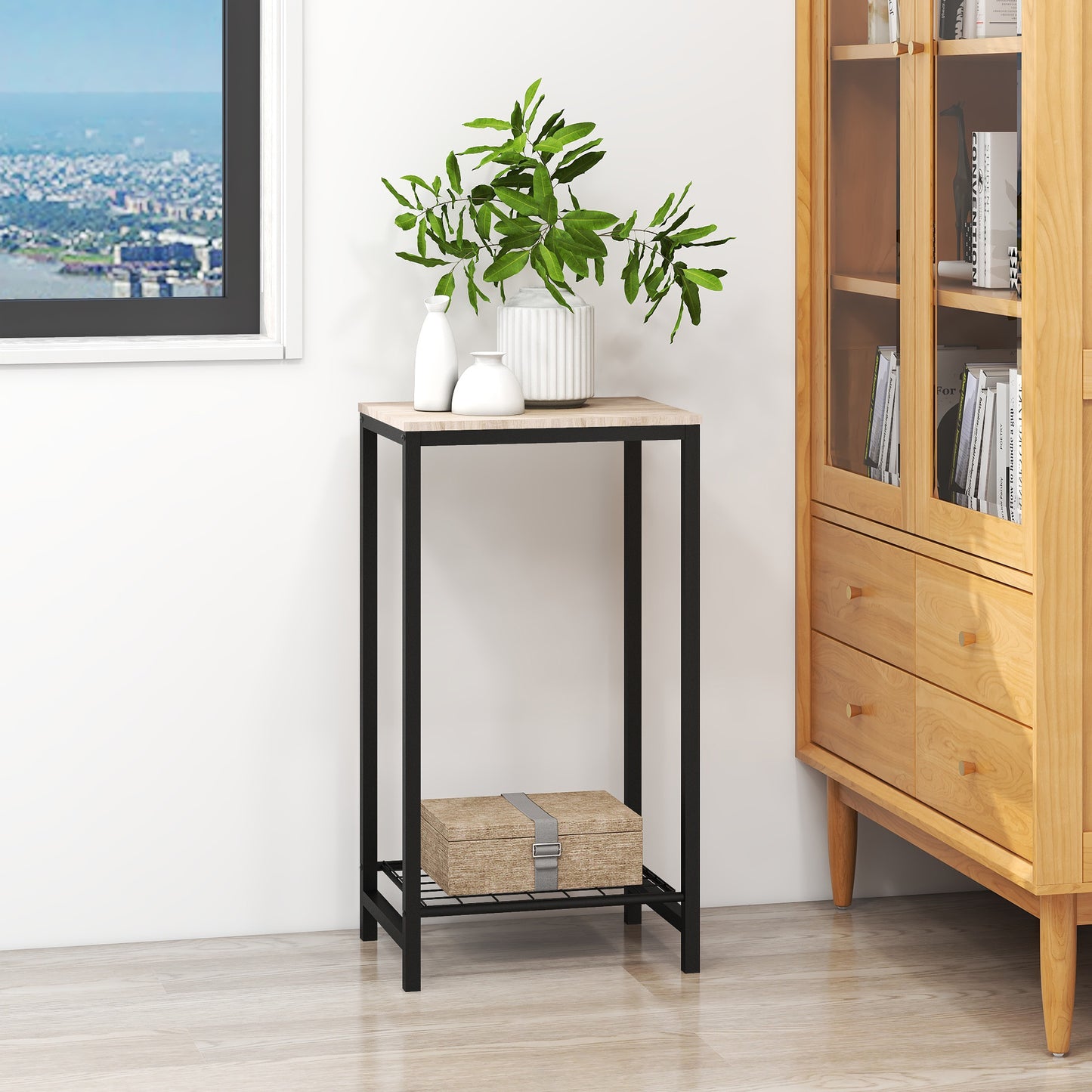 2-Tier End Table;  Industrial Side Table Nightstand with Durable Metal Frame;  Coffee Table with Mesh Shelves for Living Room;  Oak Finish