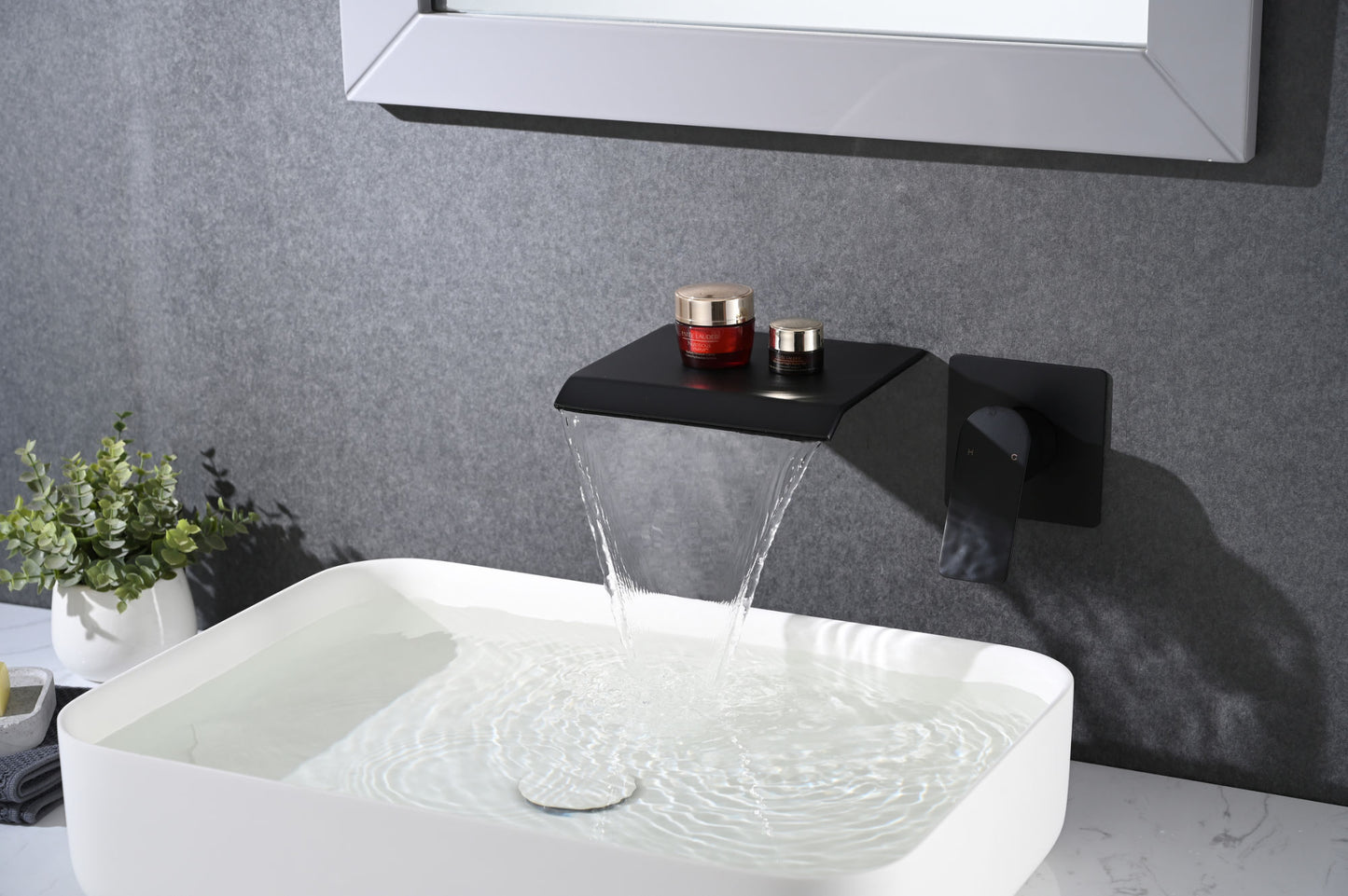 Matte Black Bathroom Waterfall Wall Mount Sink Faucet