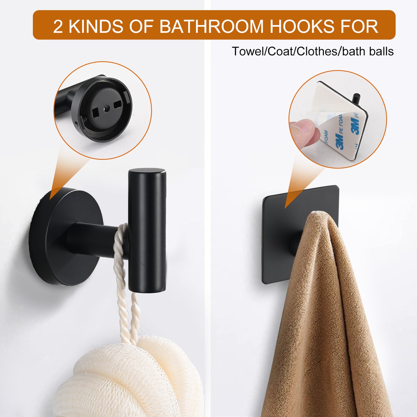 Bathroom Hardware Set;  Matte Black Stainless Steel Bathroom Hardware Set;  Including 16" Hand Towel Bar;  Toilet Paper Holder;  Robe Towel Hooks;  Round Wall Mounted Set Bathroom Accessories Kit