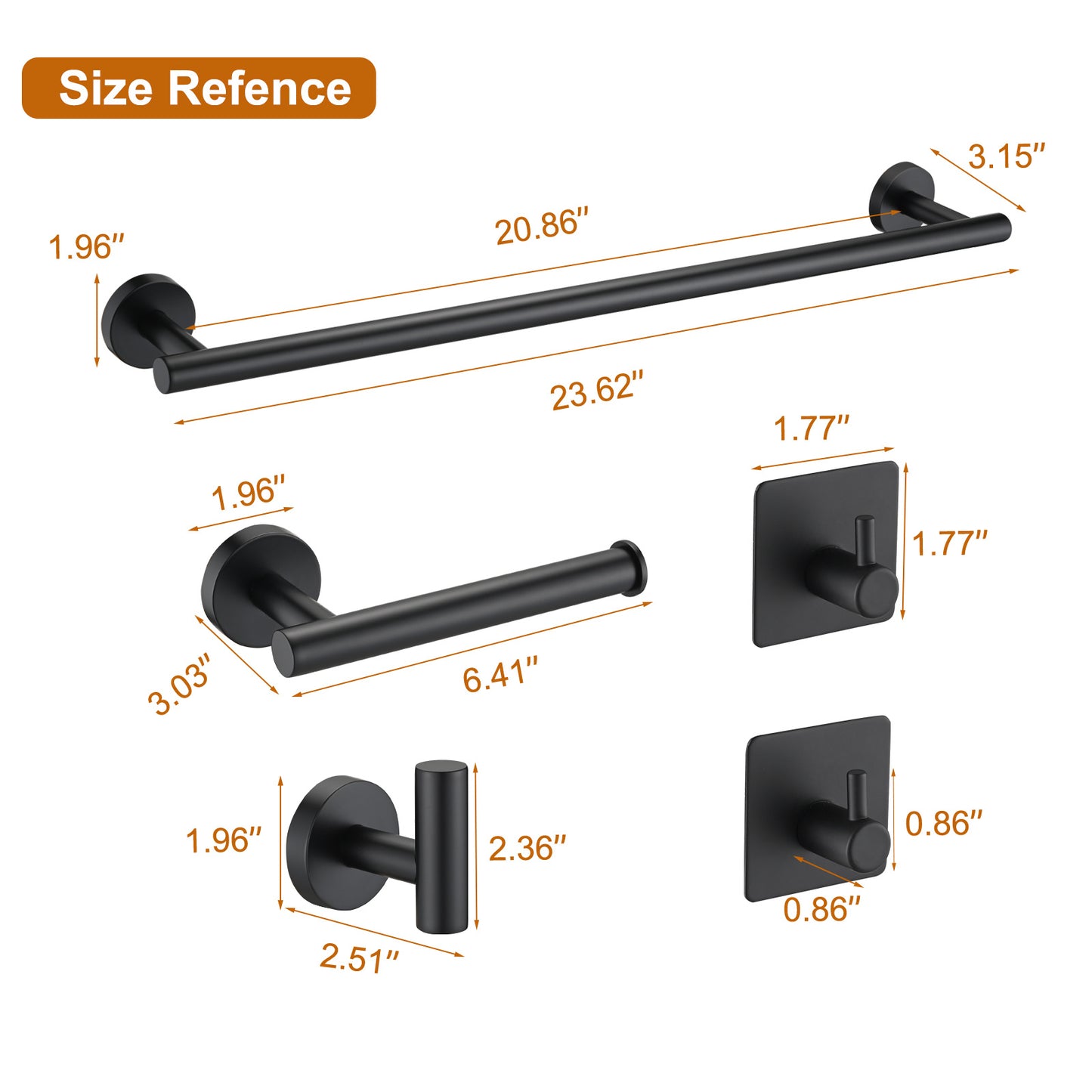 Bathroom Hardware Set;  Matte Black Stainless Steel Bathroom Hardware Set;  Including 16" Hand Towel Bar;  Toilet Paper Holder;  Robe Towel Hooks;  Round Wall Mounted Set Bathroom Accessories Kit