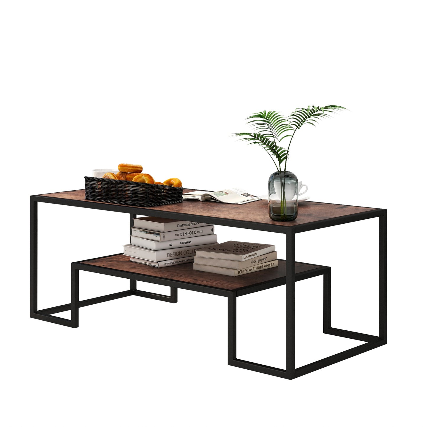 Modern Geometric-Inspired Wood Coffee Table;  2-Tier Sturdy Wood and Metal Cocktail Table for Home Living Room;  Office;  Rustic Oak