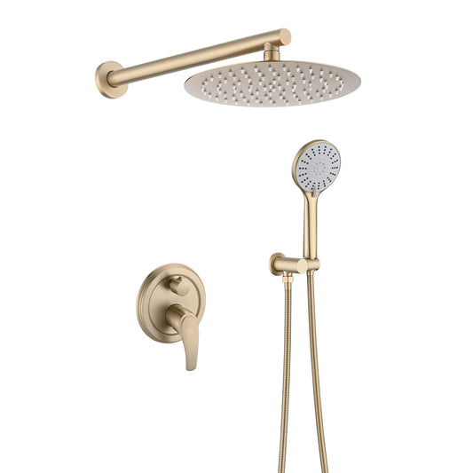 10 Inches Brushed Gold Wall Mounted Shower with High Pressure Rain Shower Head and 5-Function Handheld Shower Head