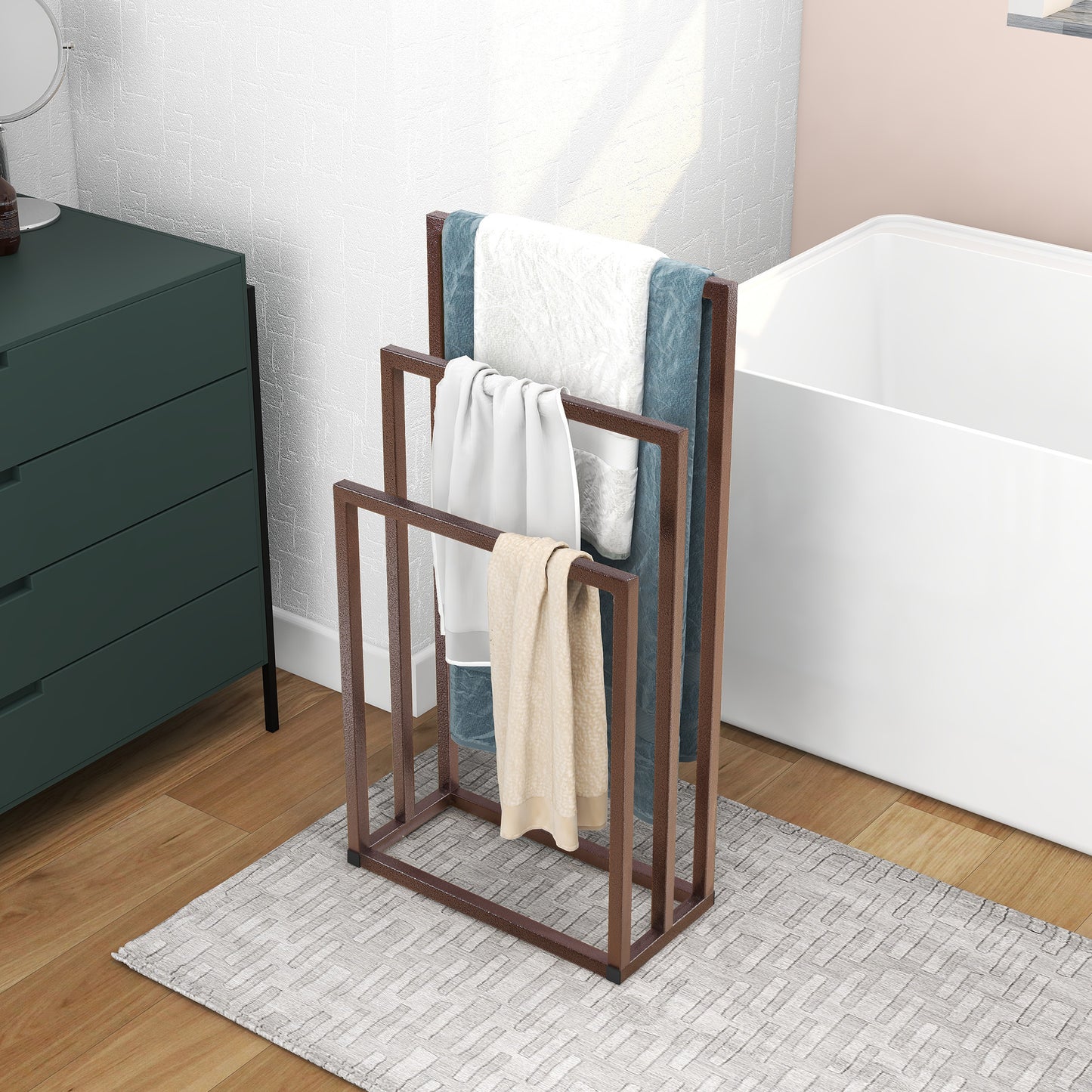 Metal Freestanding Towel Rack 3 Tiers Hand Towel Holder Organizer for Bathroom Accessories;  Brown