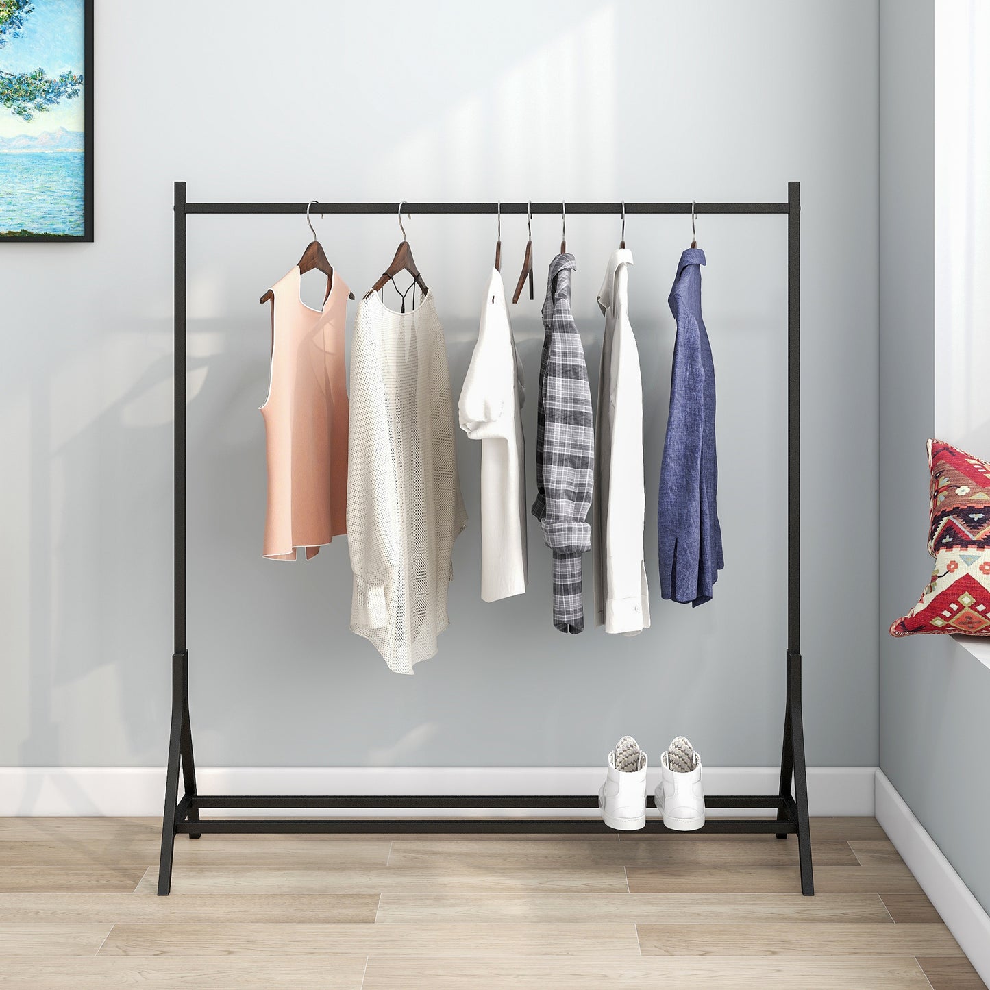 Garment Rack Freestanding Hanger Multi-functional Single pole Bedroom Clothing Rack Bedroom;  Black