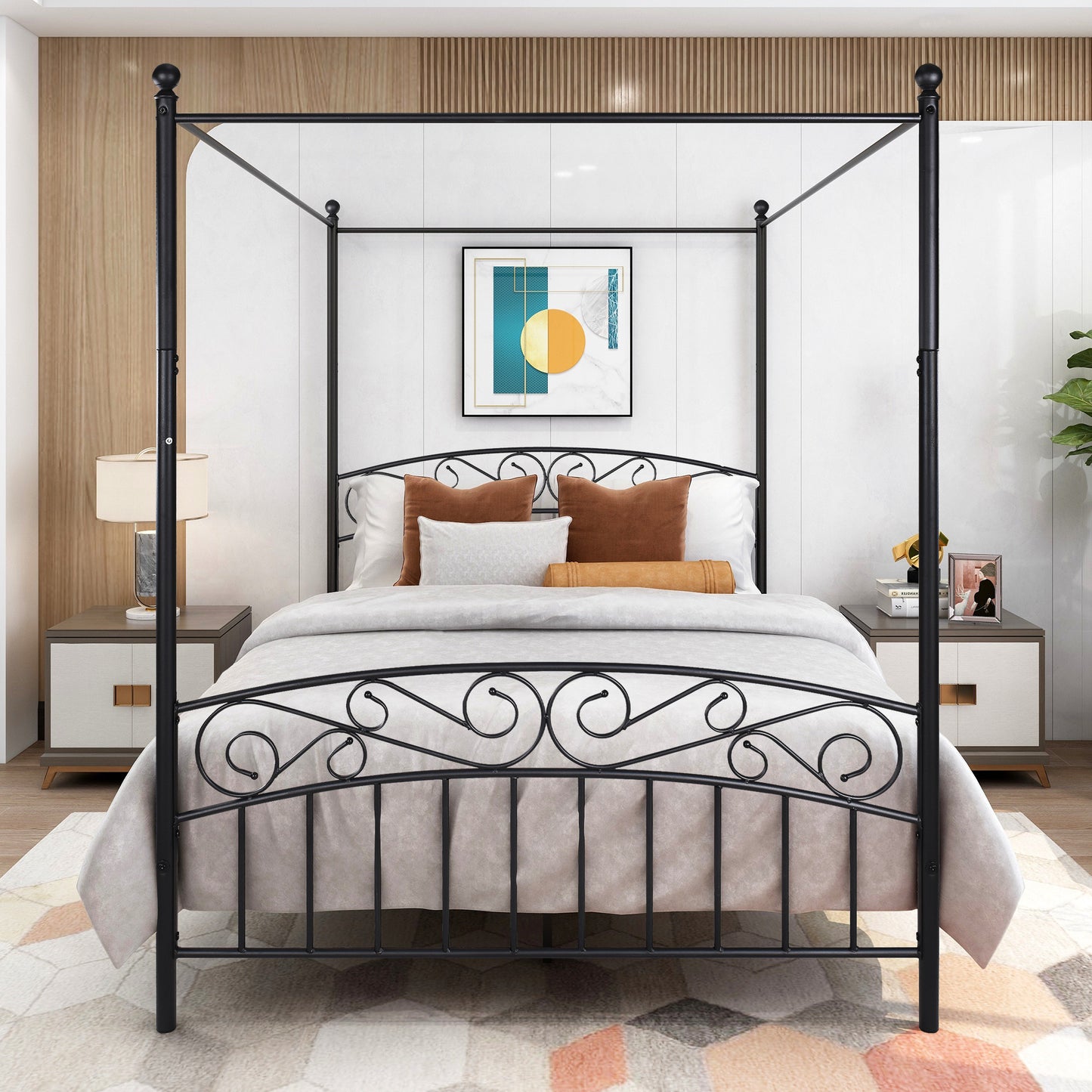 Metal Canopy Bed Frame with Ornate European Style Headboard & Footboard Perfectly Fits Your Mattress Easy DIY Assembly All Parts Included;  Full Black