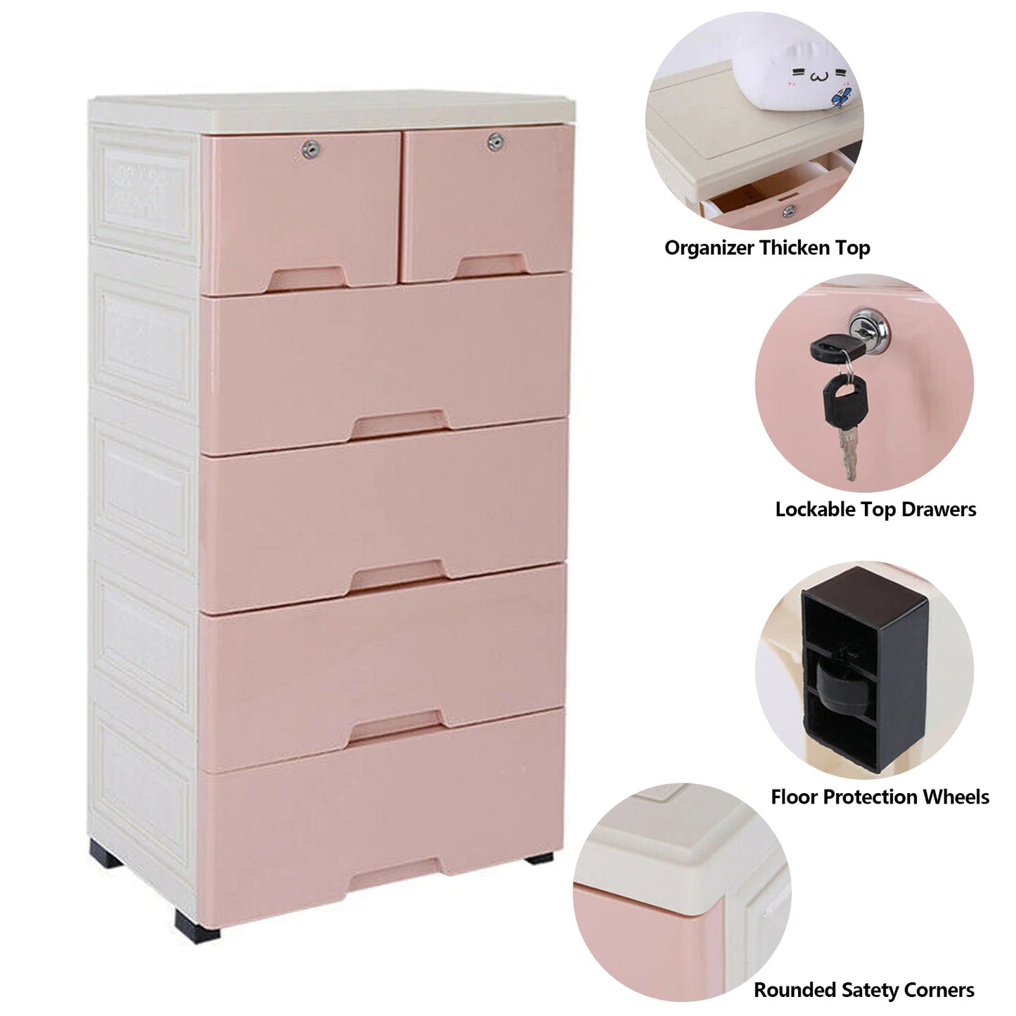 6 Drawer Plastic Dresser With Wheels Storage Cabinet Tower Closet Organizer Unit for Home Office Bedroom Living Room