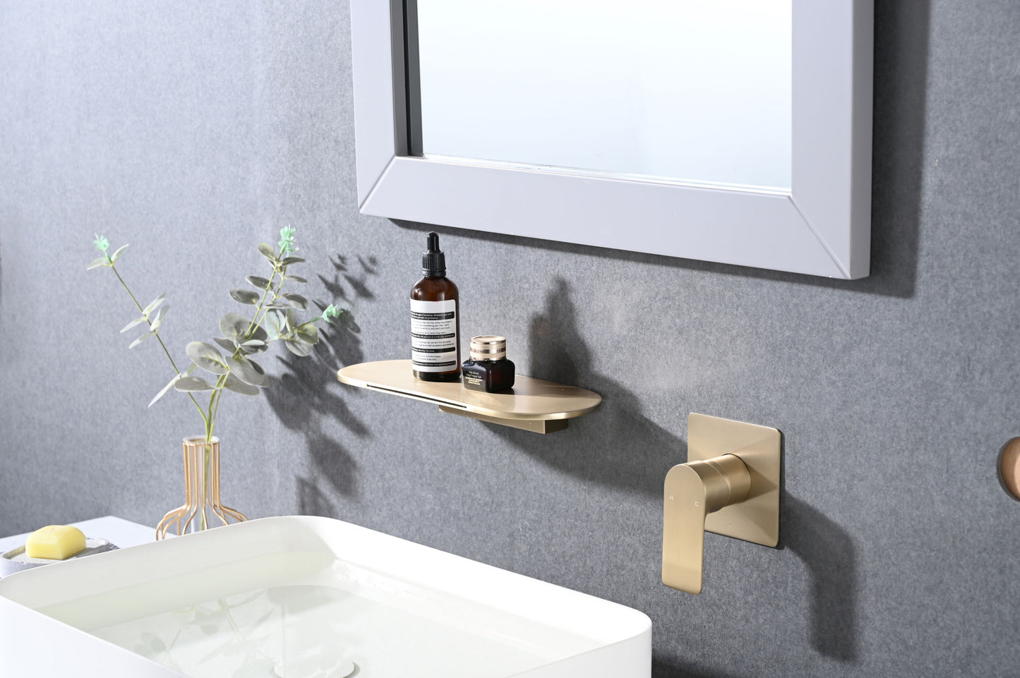 Brushed Gold Wall Mount Bathroom Waterfall Single Handle Sink Faucet