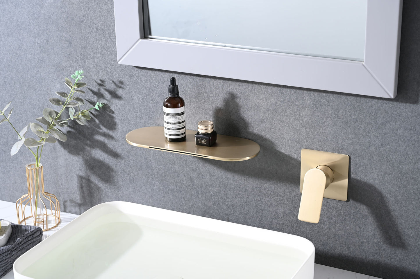 Brushed Gold Wall Mount Bathroom Waterfall Single Handle Sink Faucet