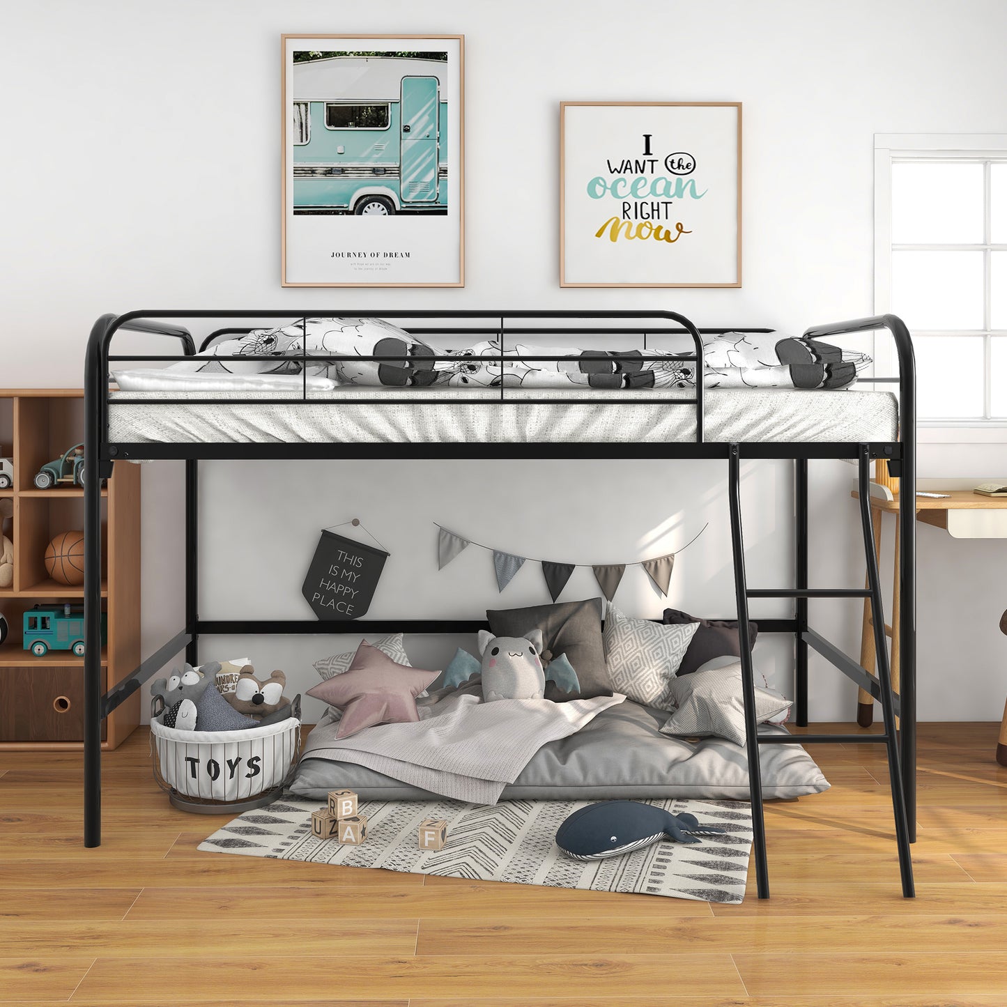 Low Loft Twin Metal Bed with Sturdy Steel Frame , No Box Spring Needed, Black