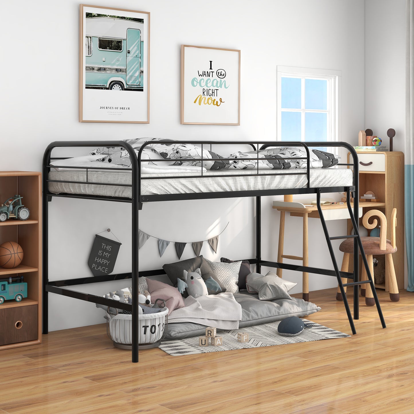 Low Loft Twin Metal Bed with Sturdy Steel Frame , No Box Spring Needed, Black