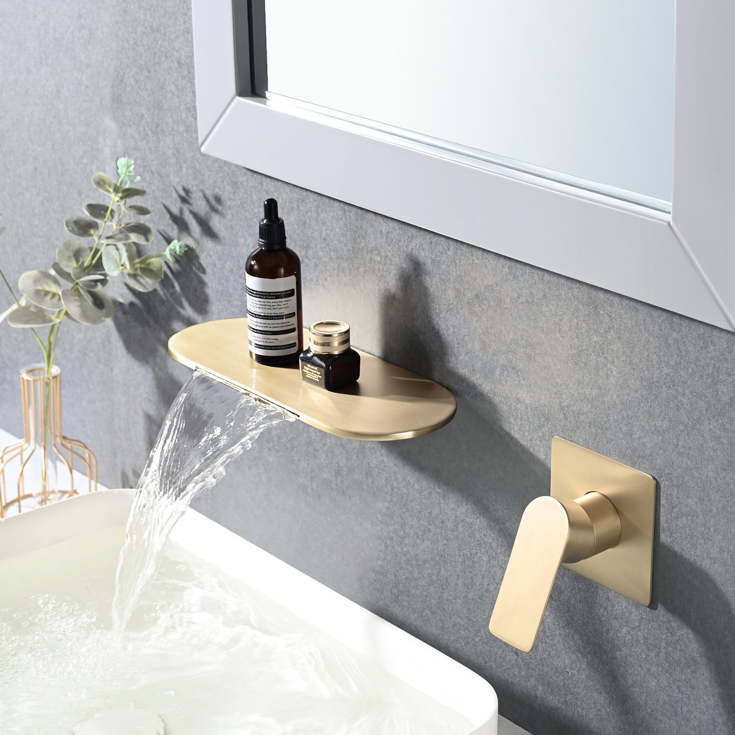 Brushed Gold Wall Mount Bathroom Waterfall Single Handle Sink Faucet