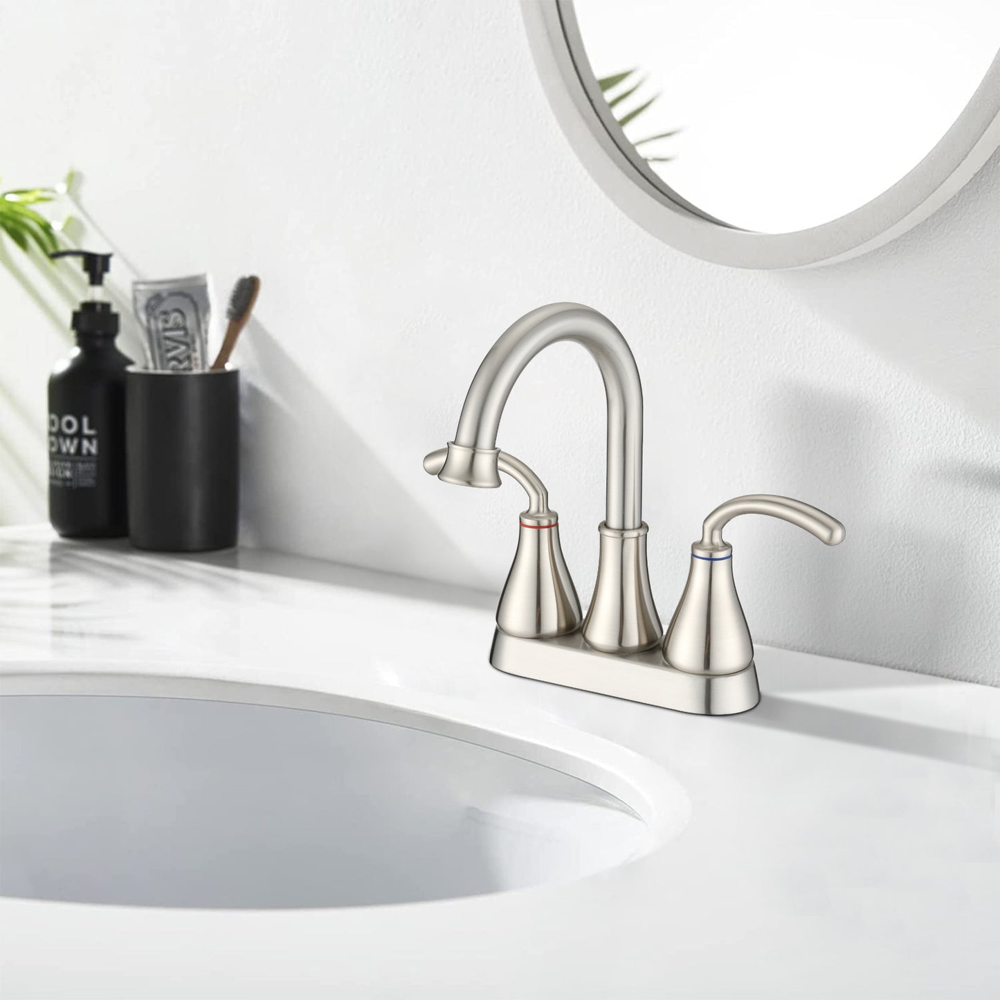 Brushed Nickle 2 Handles 4 Inches Centerset Bathroom Faucet