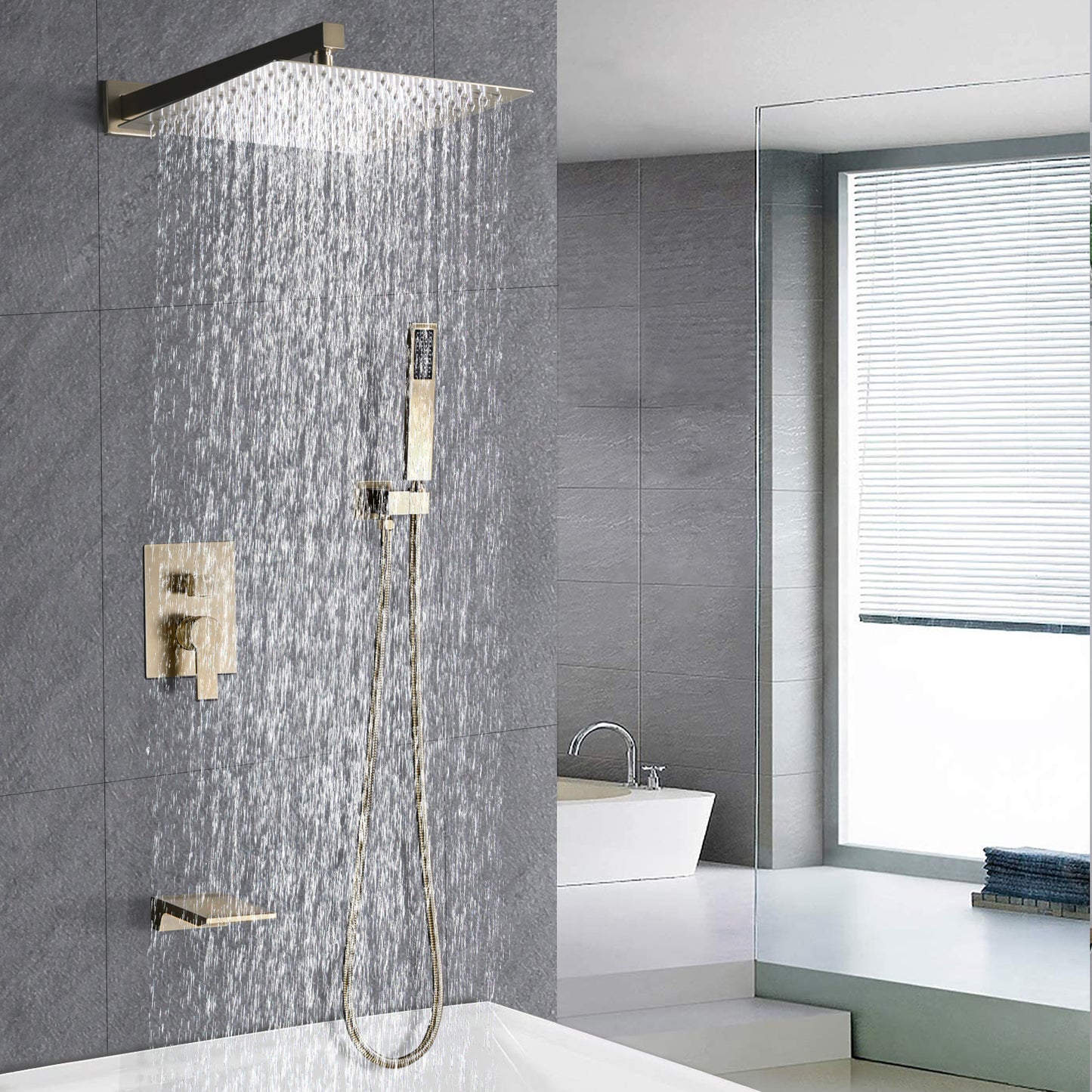 12 Inches Shower System with Shower Head and Handheld Shower Head Brushed Gold