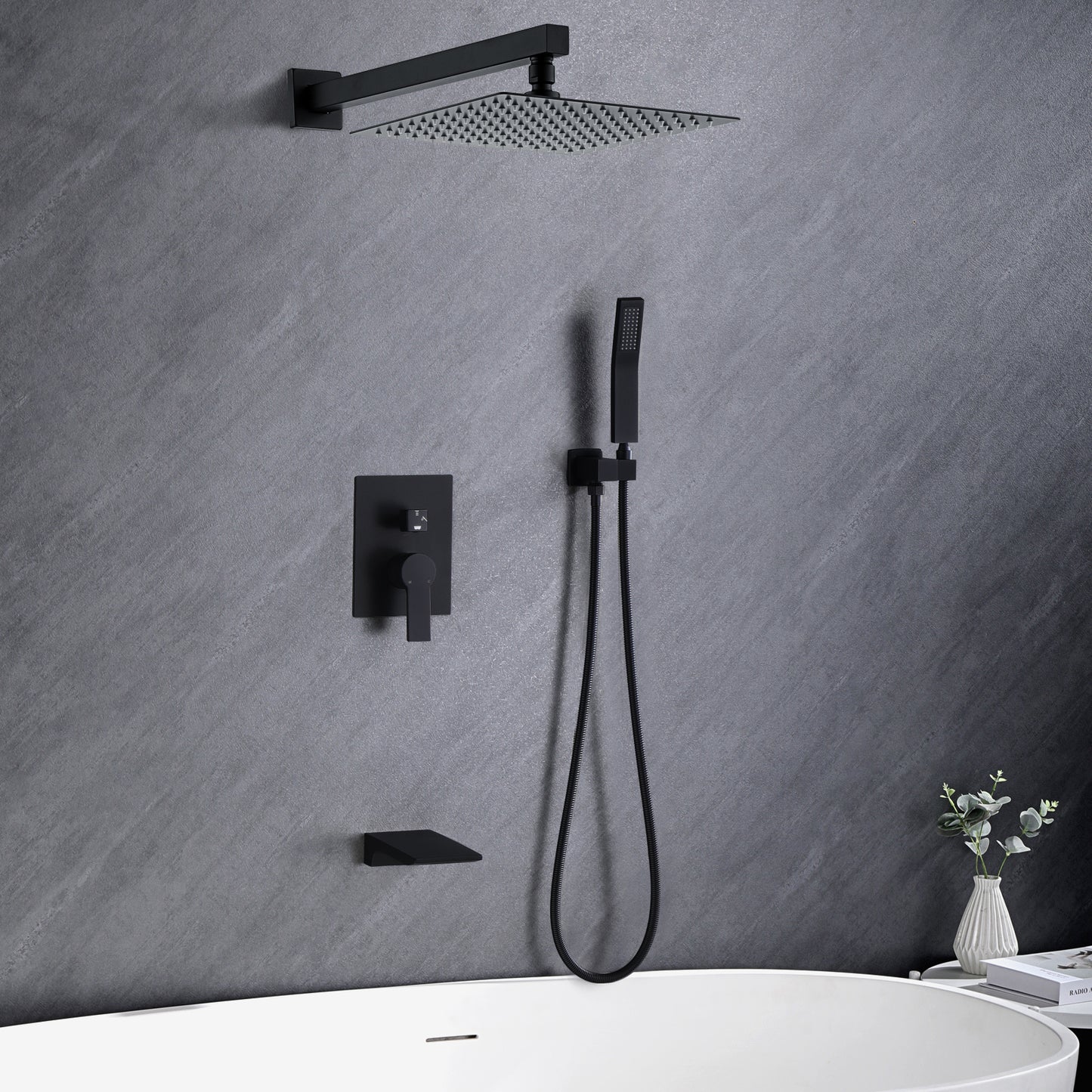 10 Inches Matte Black Wall Mounted Rainfall Shower Head System Shower Faucet