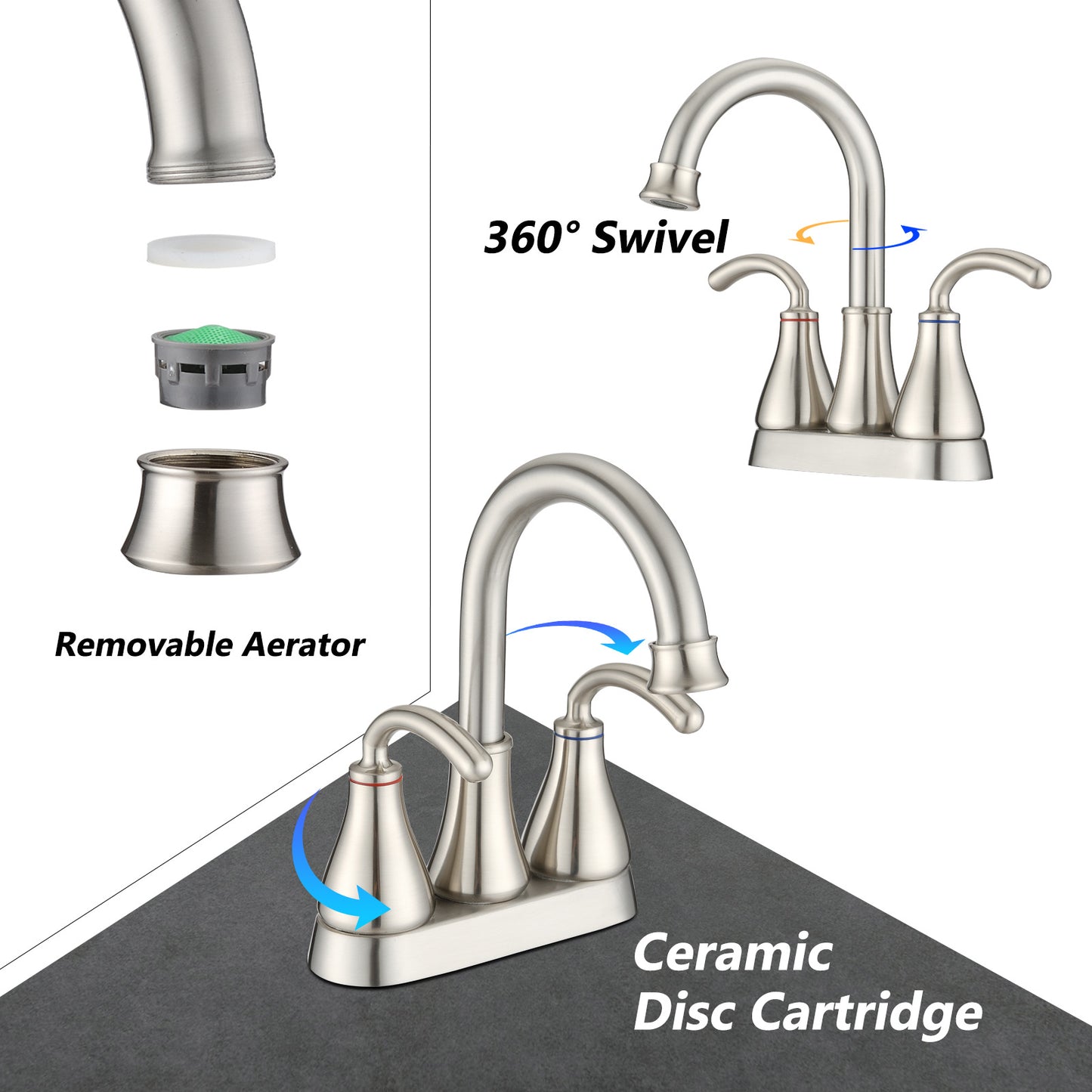 Brushed Nickle 2 Handles 4 Inches Centerset Bathroom Faucet