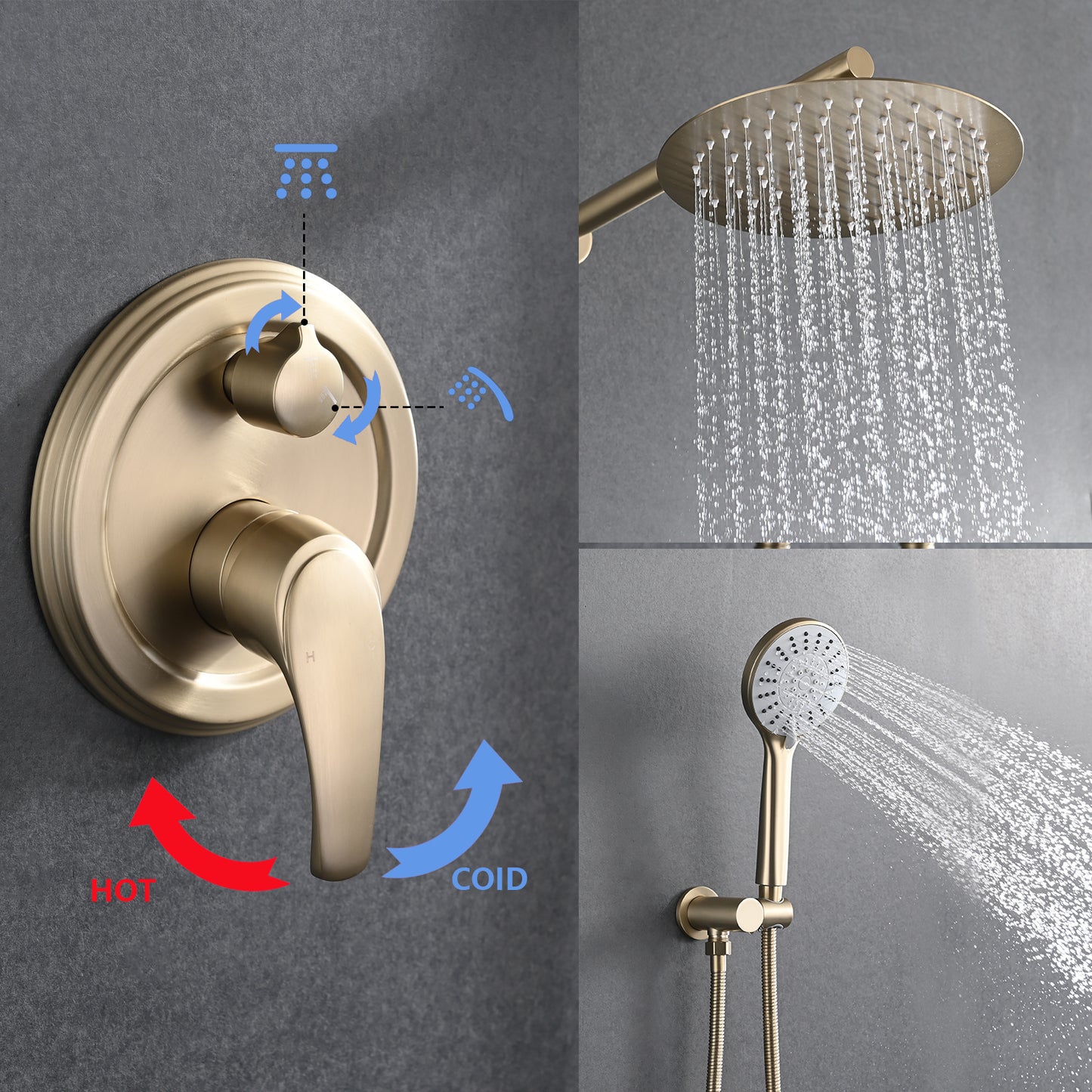 10 Inches Brushed Gold Wall Mounted Shower with High Pressure Rain Shower Head and 5-Function Handheld Shower Head