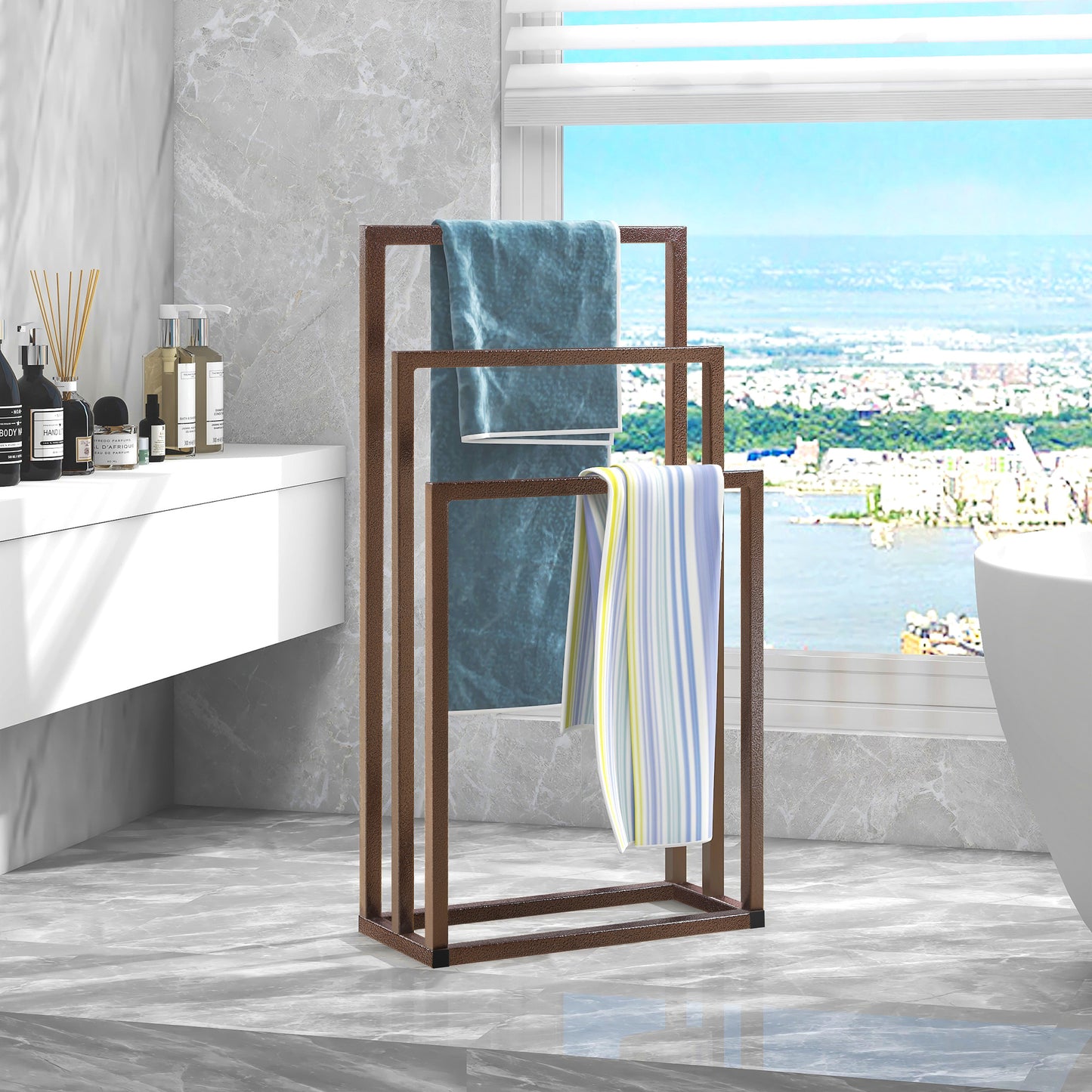 Metal Freestanding Towel Rack 3 Tiers Hand Towel Holder Organizer for Bathroom Accessories;  Brown