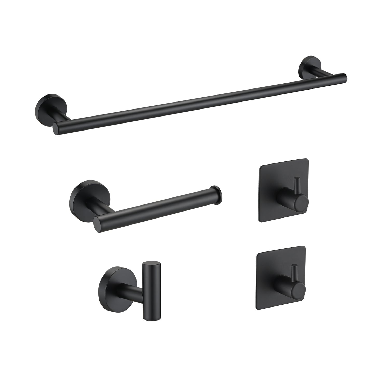 Bathroom Hardware Set;  Matte Black Stainless Steel Bathroom Hardware Set;  Including 16" Hand Towel Bar;  Toilet Paper Holder;  Robe Towel Hooks;  Round Wall Mounted Set Bathroom Accessories Kit