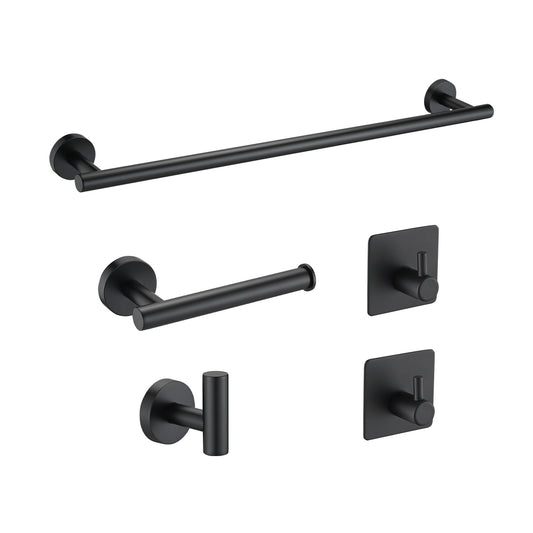 Bathroom Hardware Set;  Matte Black Stainless Steel Bathroom Hardware Set;  Including 16" Hand Towel Bar;  Toilet Paper Holder;  Robe Towel Hooks;  Round Wall Mounted Set Bathroom Accessories Kit