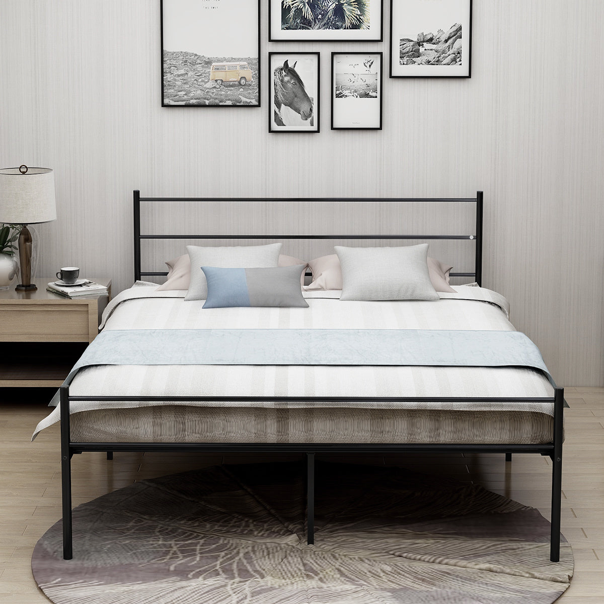 QUEEN metal platform bed frame with headboard/no box spring needed/easy to assemble black