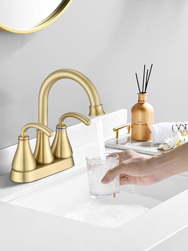 Brushed Gold 2 Handles 4 Inches Centerset Lead-Free Bathroom Faucet with Pop Up Drain