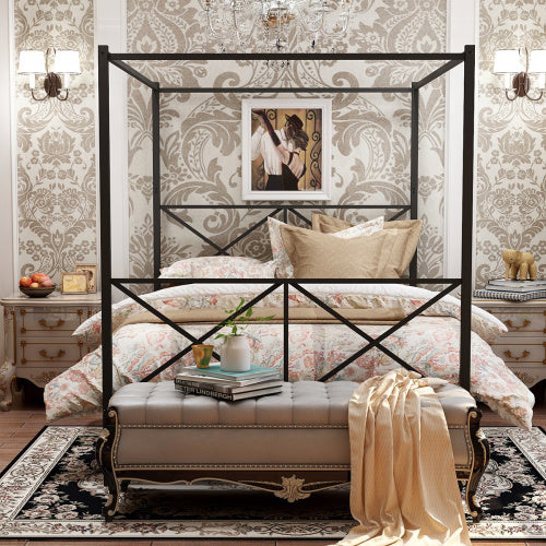 Canopy BedFrame with Vintage Style Headboard and Footboard X Shaped Frame