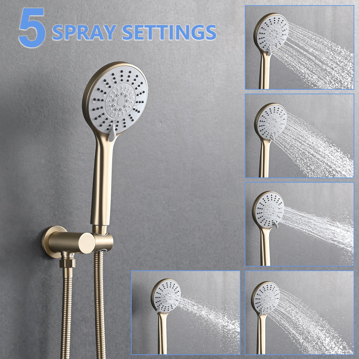 10 Inches Brushed Gold Wall Mounted Shower with High Pressure Rain Shower Head and 5-Function Handheld Shower Head