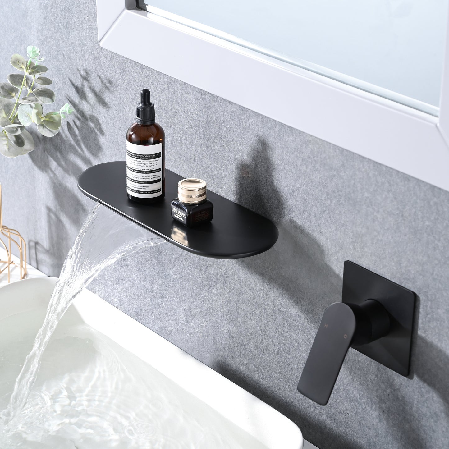 Wall Mount Bathroom Waterfall Single Handle Sink Faucet Matte Black