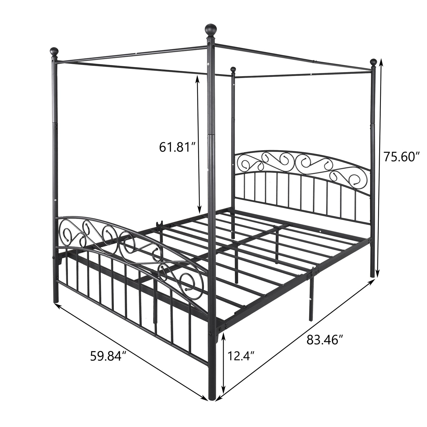 Metal Canopy Bed Frame with Ornate European Style Headboard & Footboard Perfectly Fits Your Mattress Easy DIY Assembly All Parts Included;  Full Black