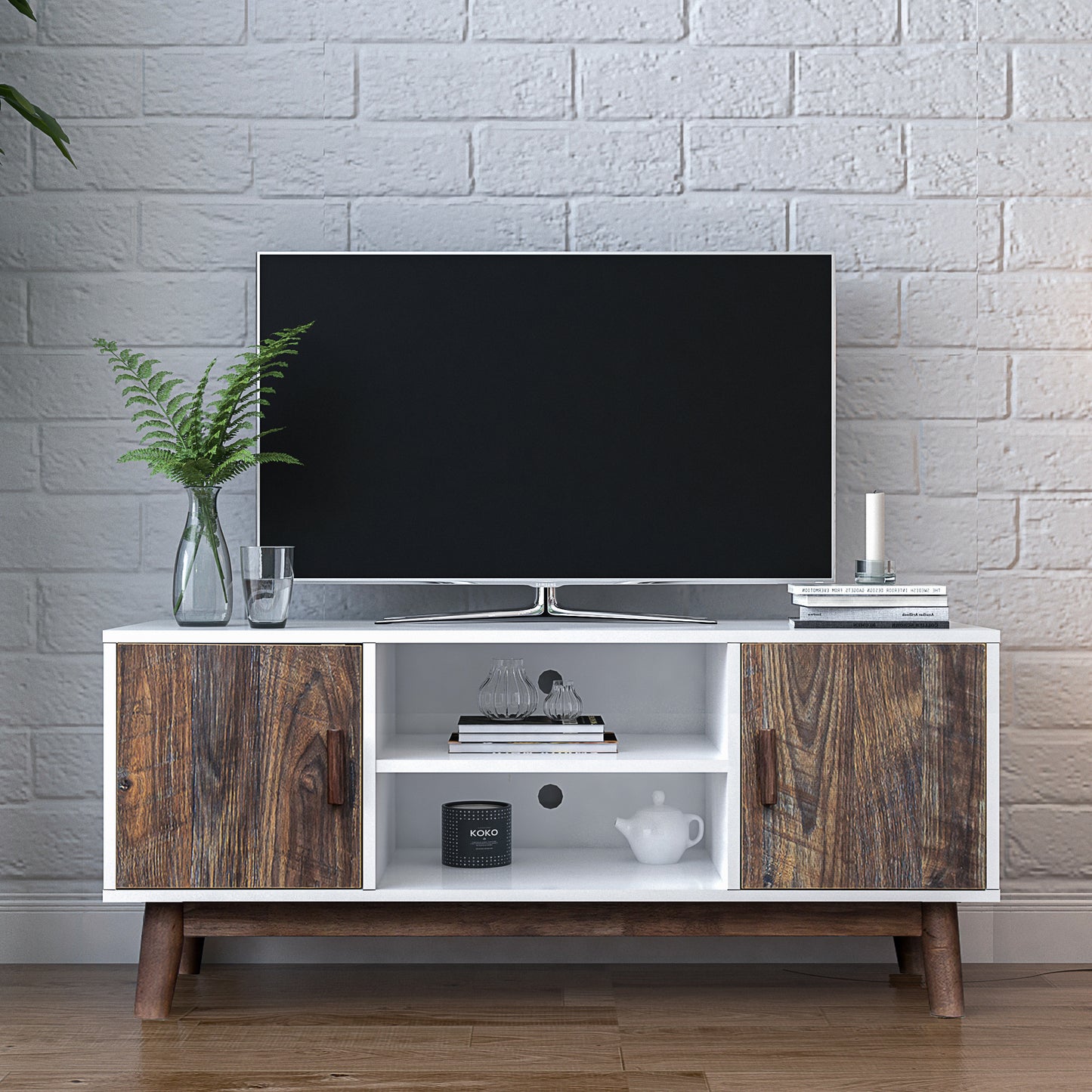 TV Stand Mid-Century Wood Modern Entertainment Center Adjustable Storage Cabinet TV Console for Living Room , White & Espresso