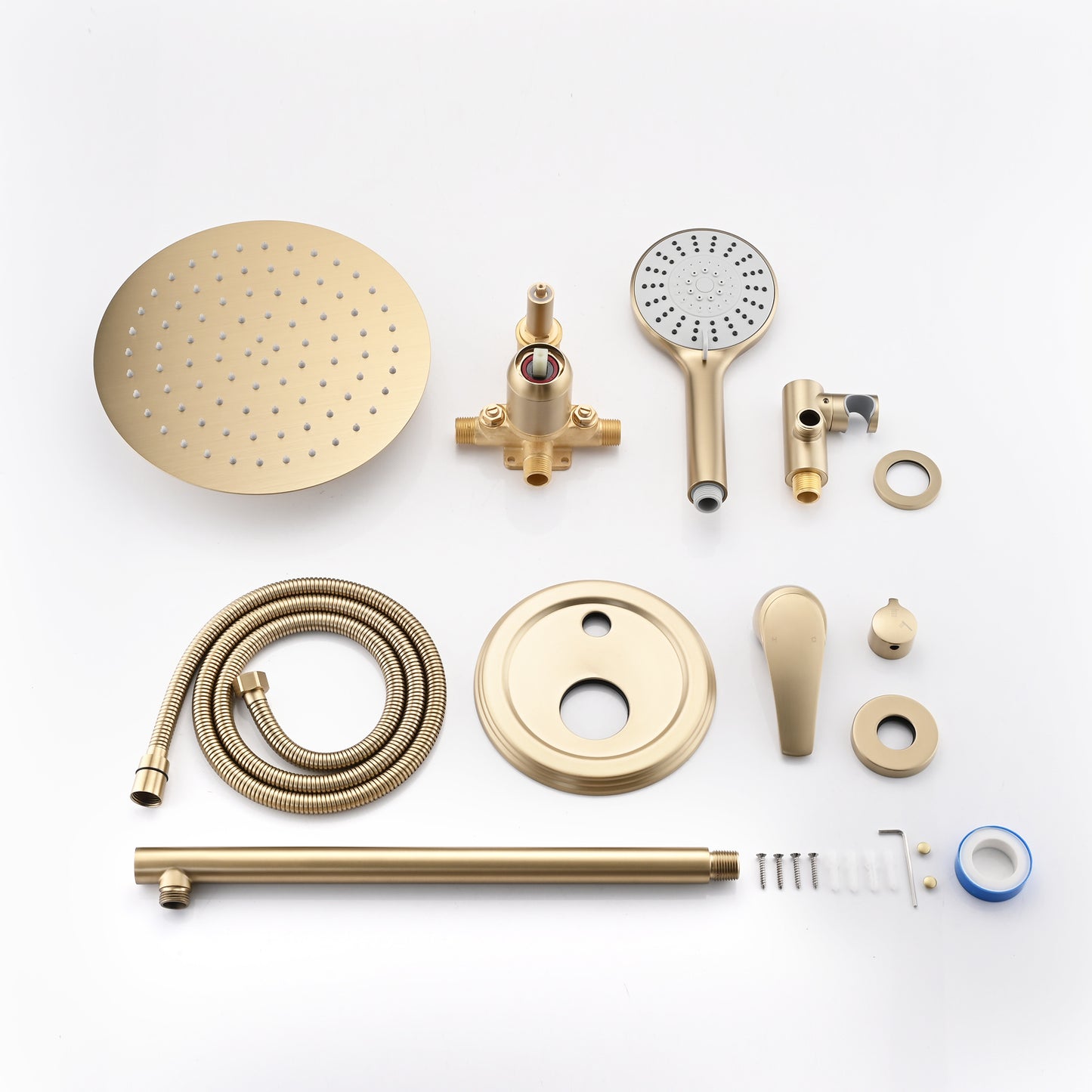 10 Inches Brushed Gold Wall Mounted Shower with High Pressure Rain Shower Head and 5-Function Handheld Shower Head