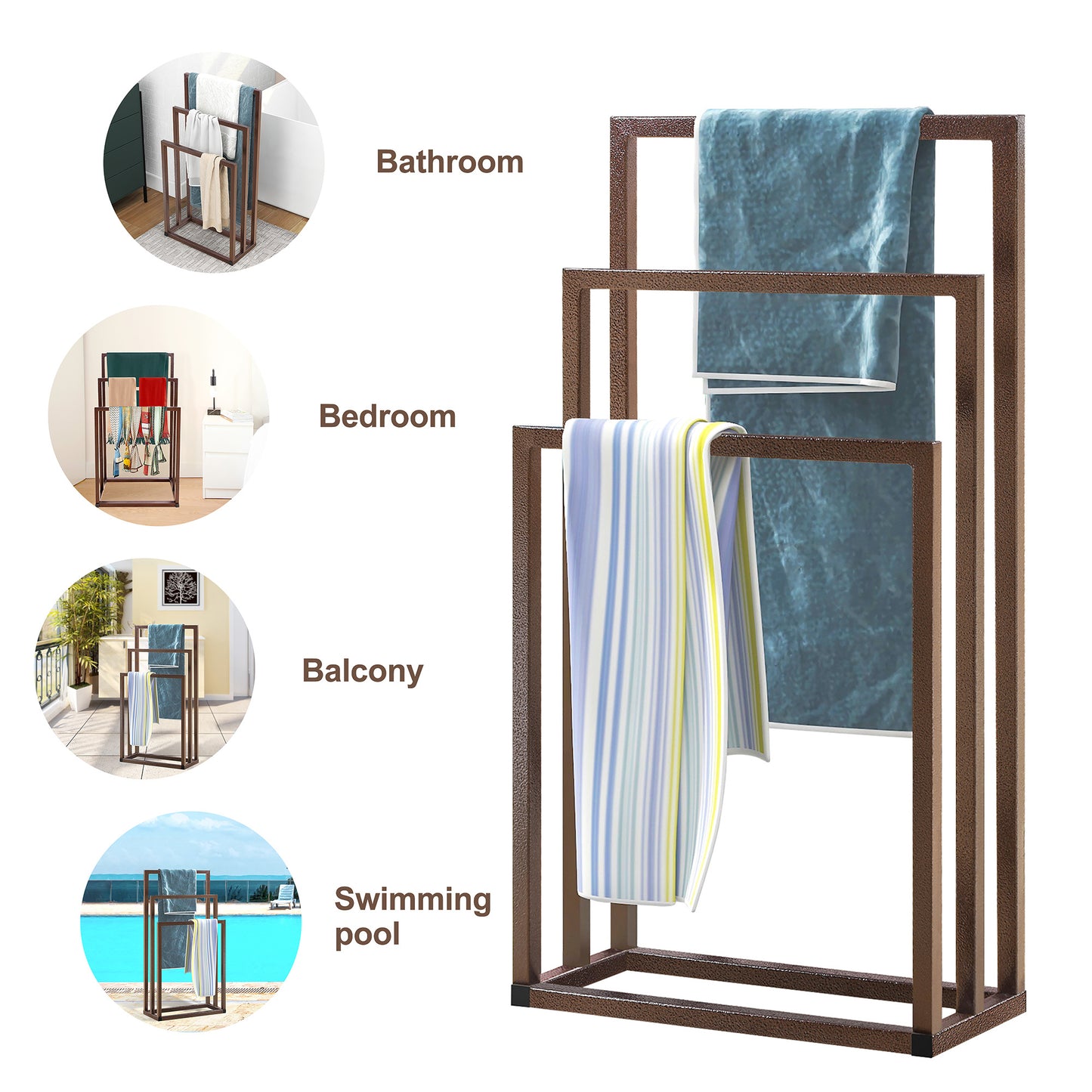 Metal Freestanding Towel Rack 3 Tiers Hand Towel Holder Organizer for Bathroom Accessories;  Brown