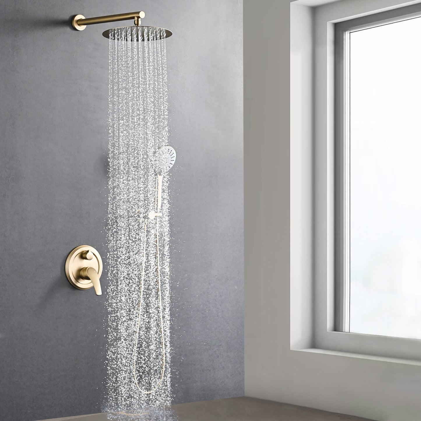 10 Inches Brushed Gold Wall Mounted Shower with High Pressure Rain Shower Head and 5-Function Handheld Shower Head