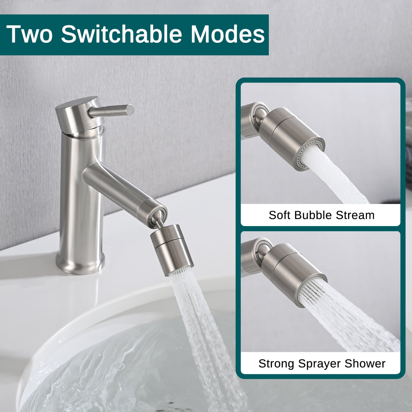 Brushed Nickle Bathroom Faucet for 2 Mode Faucet for Bathroom Sink