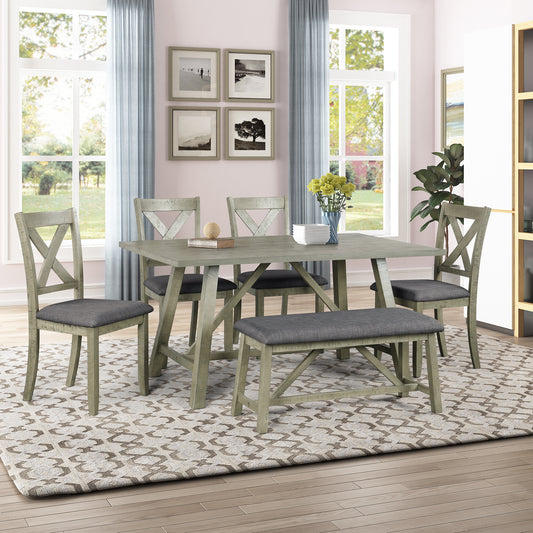 6 Piece Dining Table Set Wood Dining Table and chair Kitchen Table Set with Table;  Bench and 4 Chairs;  Rustic Style; White+Gray