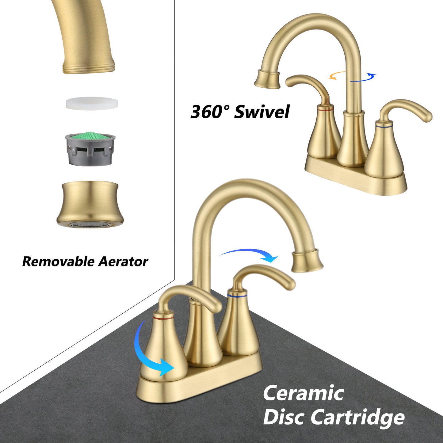 Brushed Gold 2 Handles 4 Inches Centerset Lead-Free Bathroom Faucet with Pop Up Drain