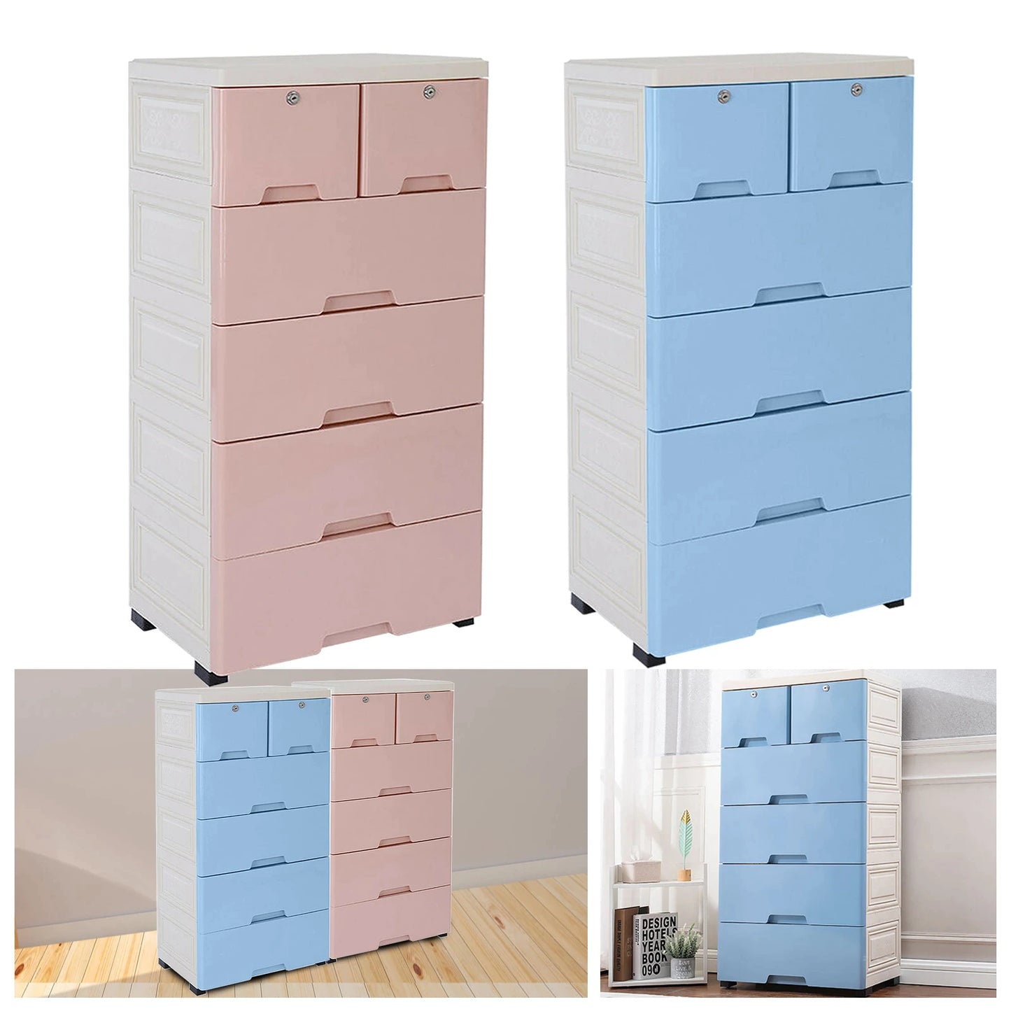 6 Drawer Plastic Dresser With Wheels Storage Cabinet Tower Closet Organizer Unit for Home Office Bedroom Living Room