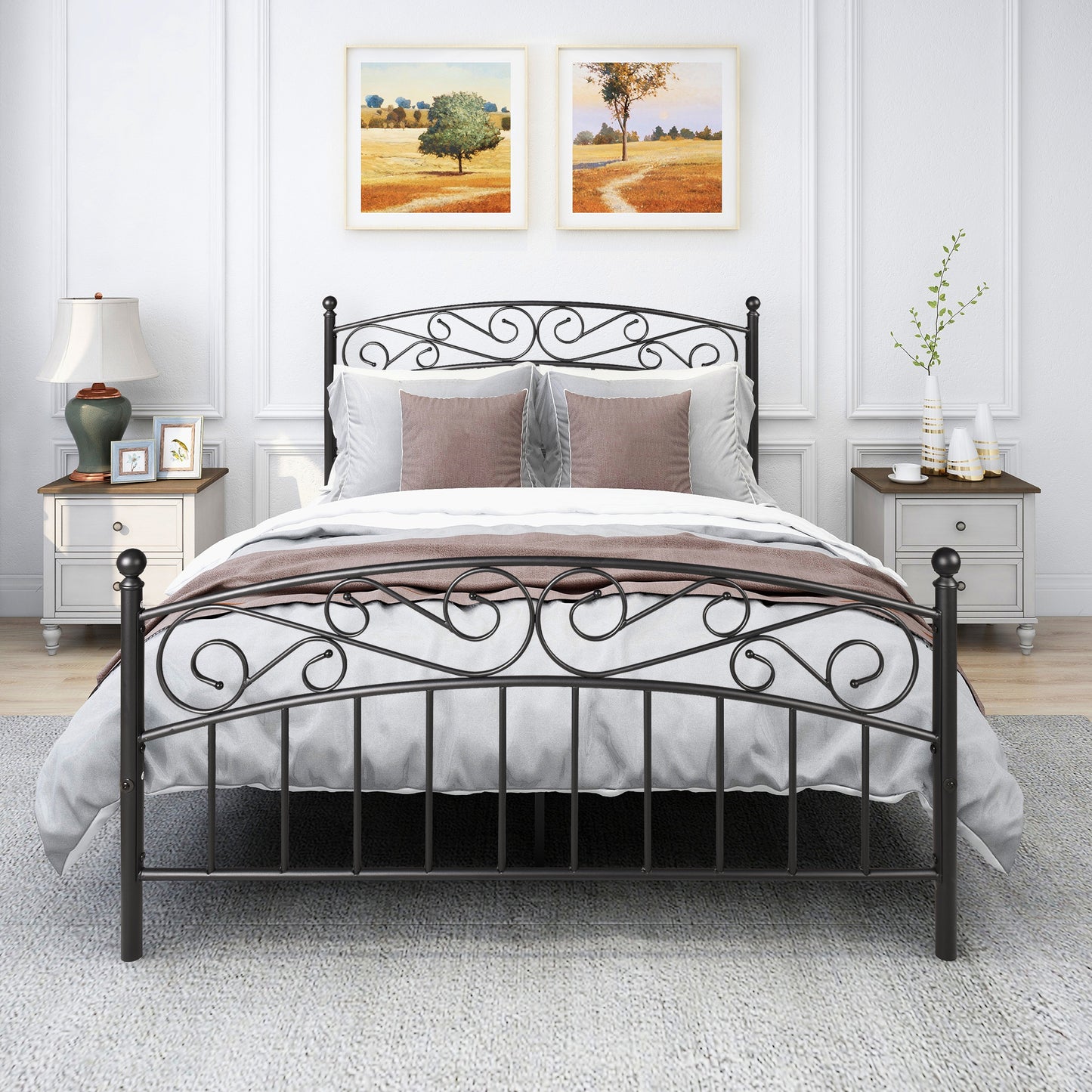 Bed Frame with Headboard and Footboard Metal Platform Bed Frame Queen Size No Box Spring Needed;  Twin Black