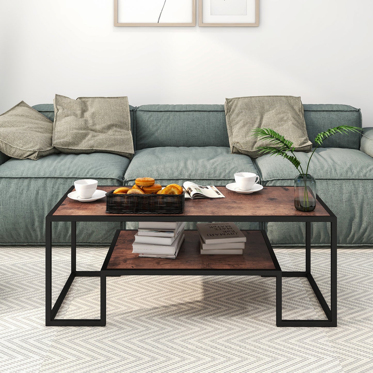 Modern Geometric-Inspired Wood Coffee Table;  2-Tier Sturdy Wood and Metal Cocktail Table for Home Living Room;  Office;  Rustic Oak