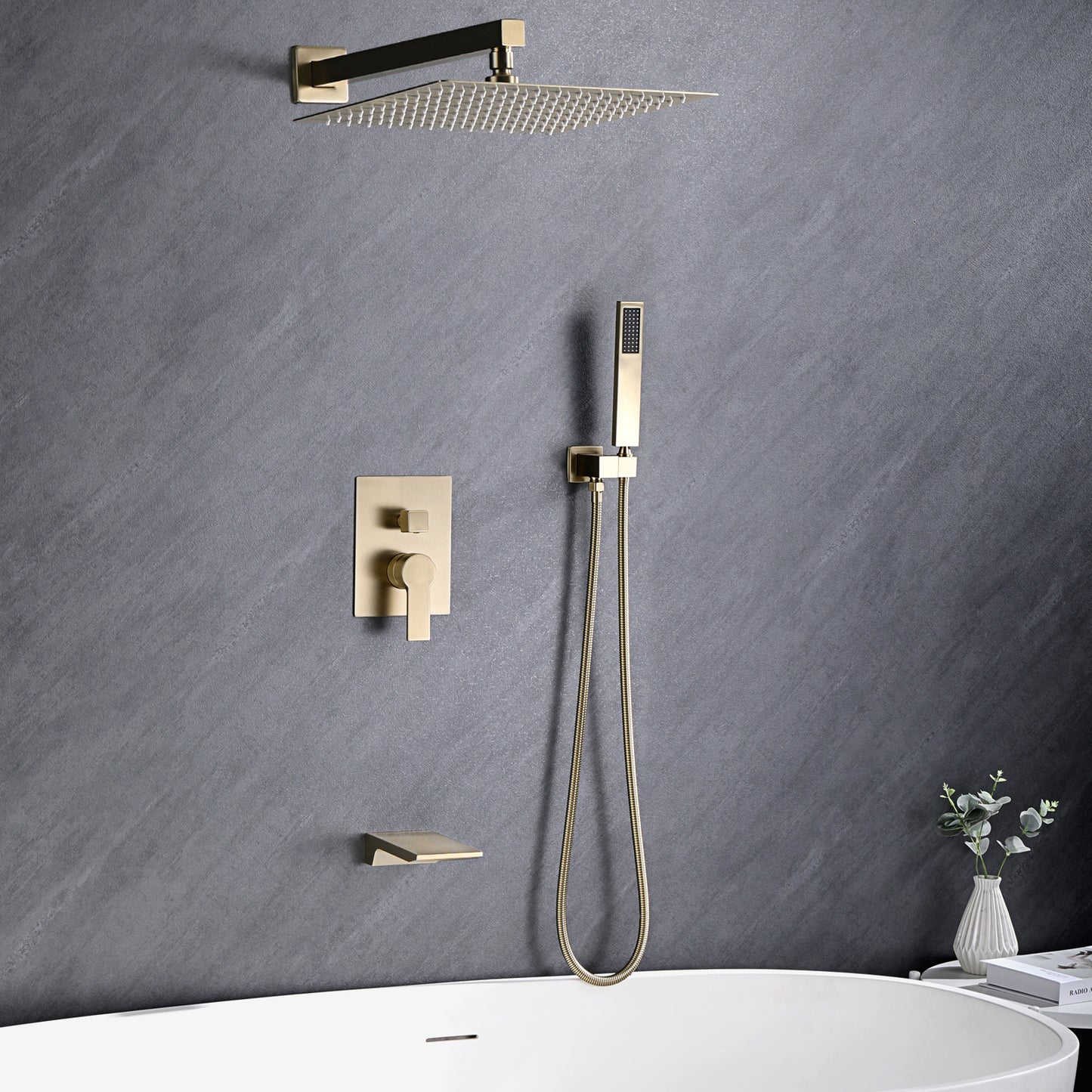 10 Inches Wall Mounted Rainfall Shower Head System Shower Faucet Brushed Gold