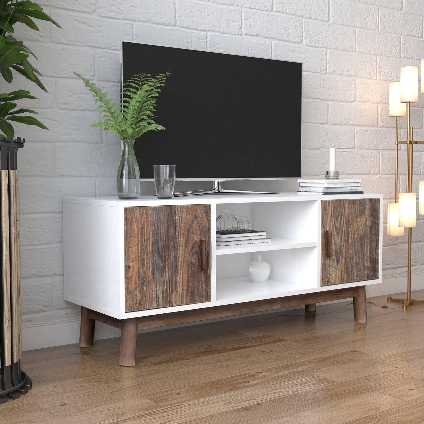 TV Stand Mid-Century Wood Modern Entertainment Center Adjustable Storage Cabinet TV Console for Living Room , White & Espresso