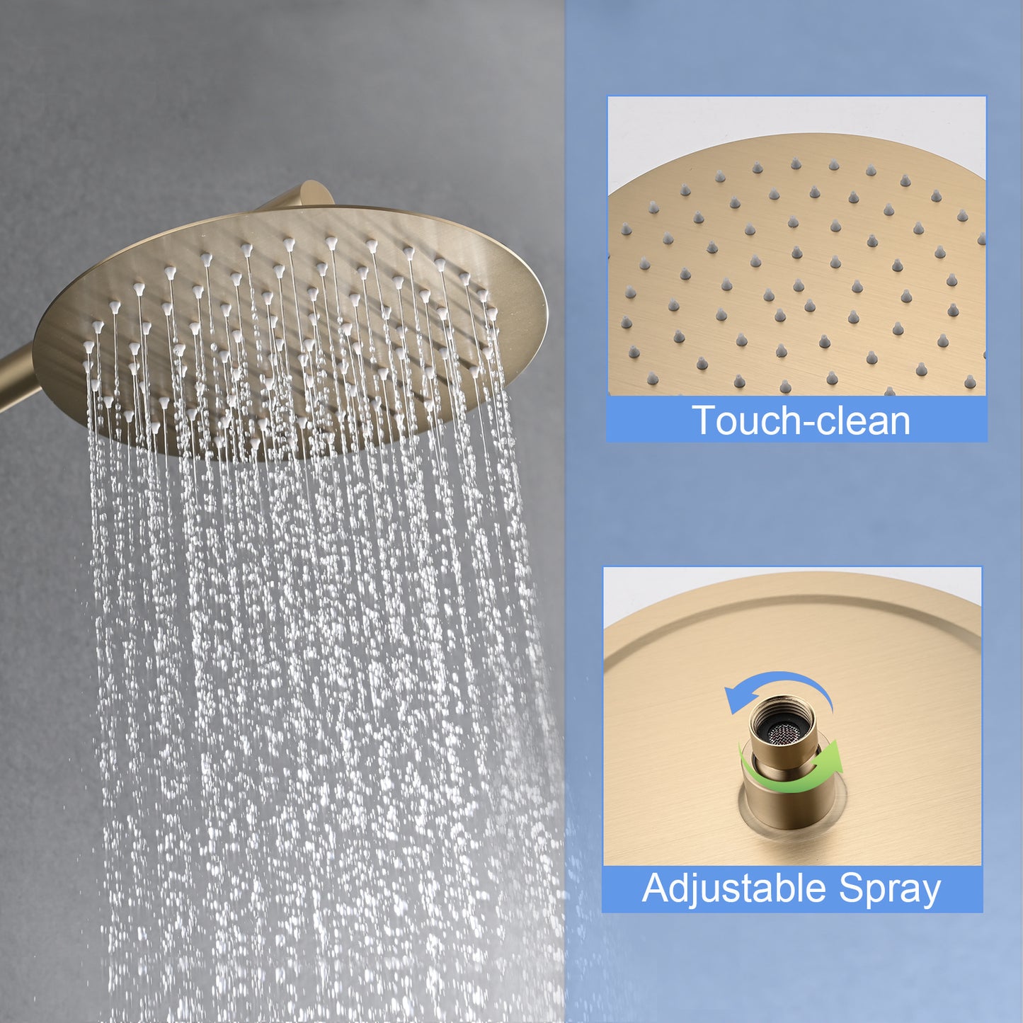 10 Inches Brushed Gold Wall Mounted Shower with High Pressure Rain Shower Head and 5-Function Handheld Shower Head