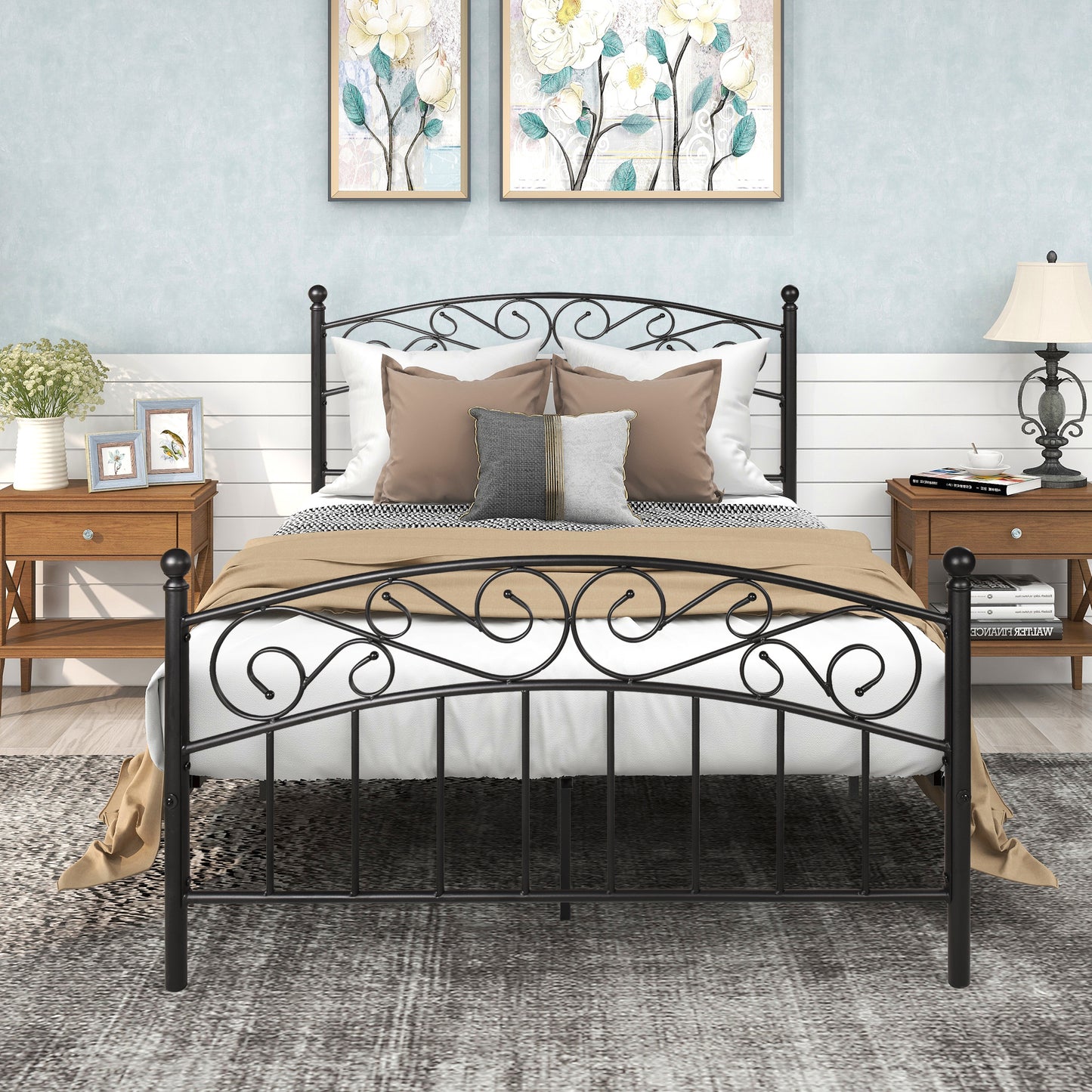 Bed Frame with Headboard and Footboard Metal Platform Bed Frame Queen Size No Box Spring Needed;  Twin Black